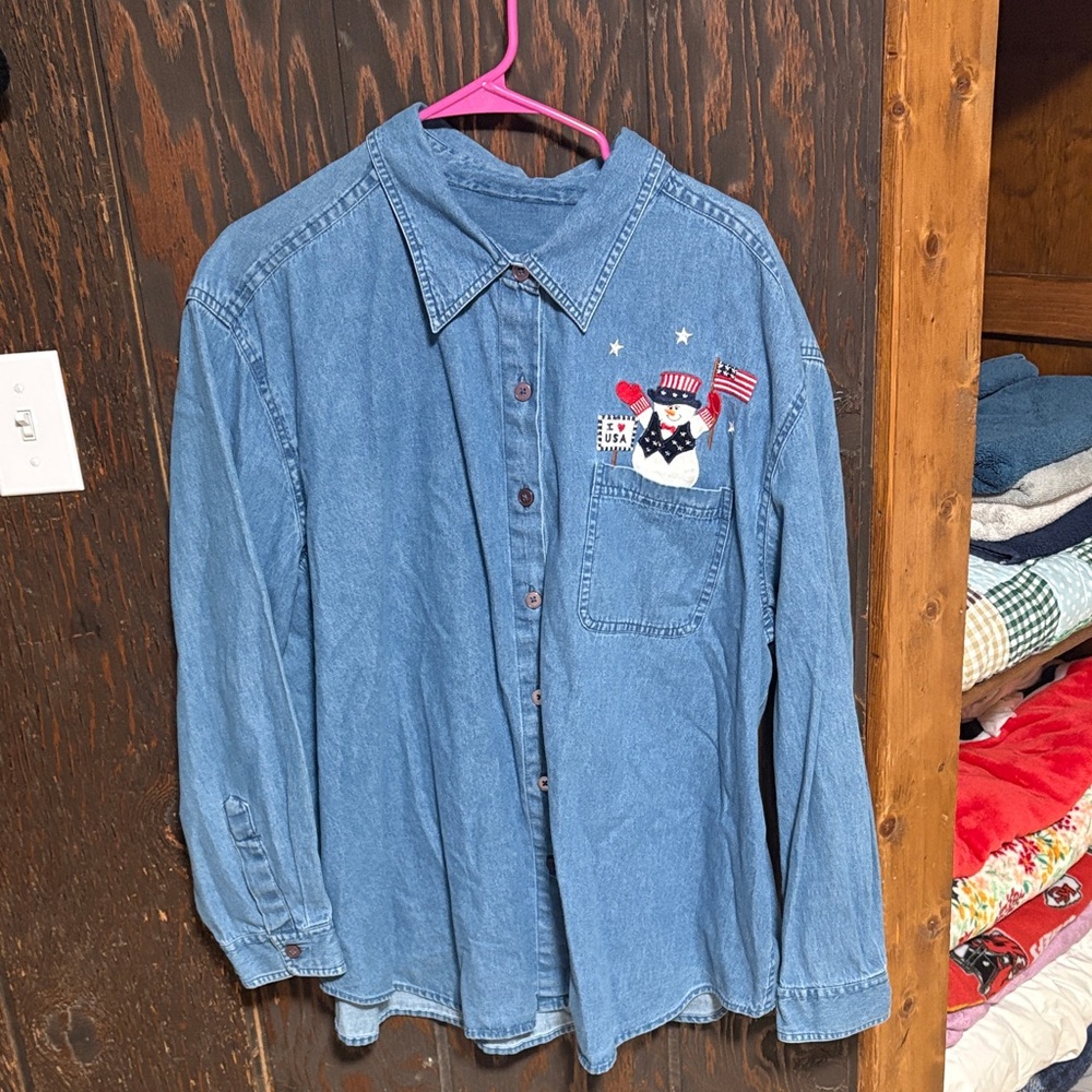 Denim Shirt with Snowman Embroidery